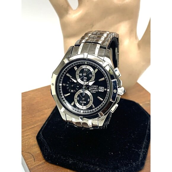 Seiko Men's Watch SNAE57 Quartz Chronograph Black Silver Stainless Steel 41mm - Picture 1 of 15